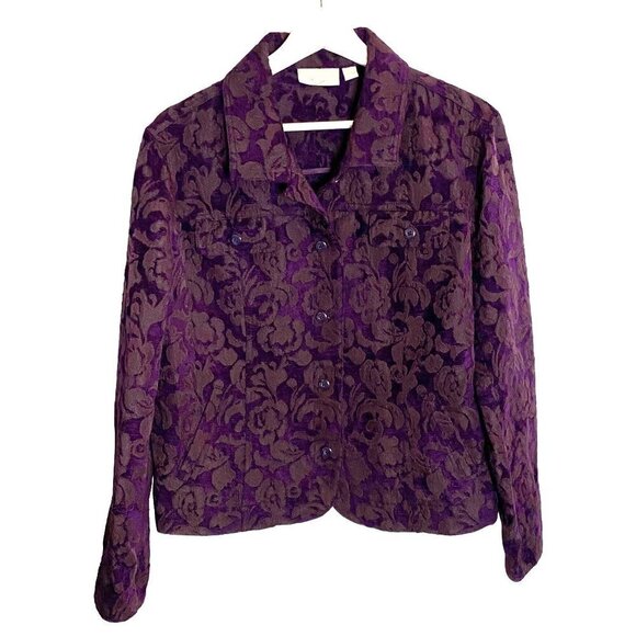 Croft & Barrow Button Front Floral Overlay Jacket in Dark‎ Purple Women's Sz L - Picture 1 of 11